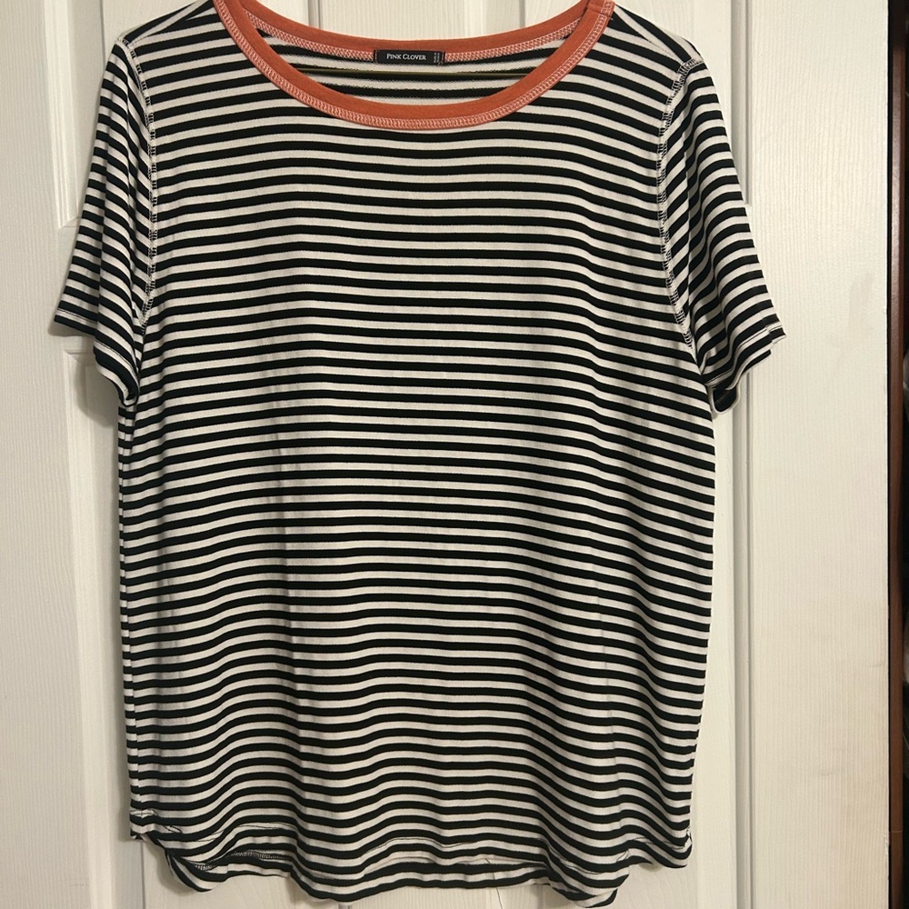 Pink Clover Black & White Striped Tee with Coral Trim